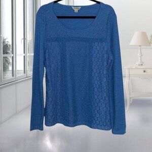 Lucky Brand Blue Lace Overlay Top XL – Feminine, Cotton Blend, Long Sleeve